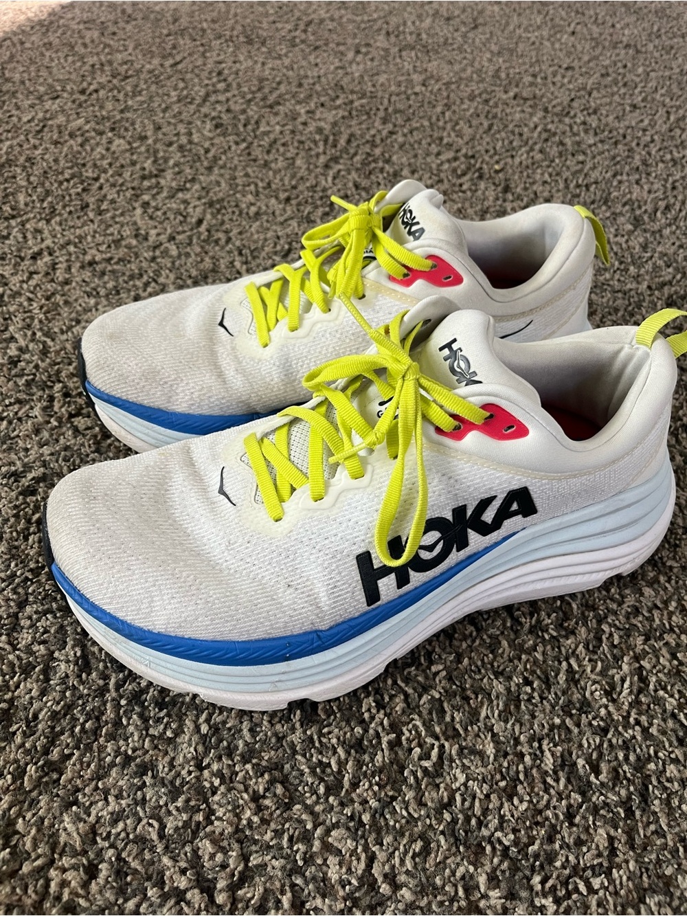 Hoka Gaviota 5 White Running Shoes with Blue Trim and Neon Yellow Laces